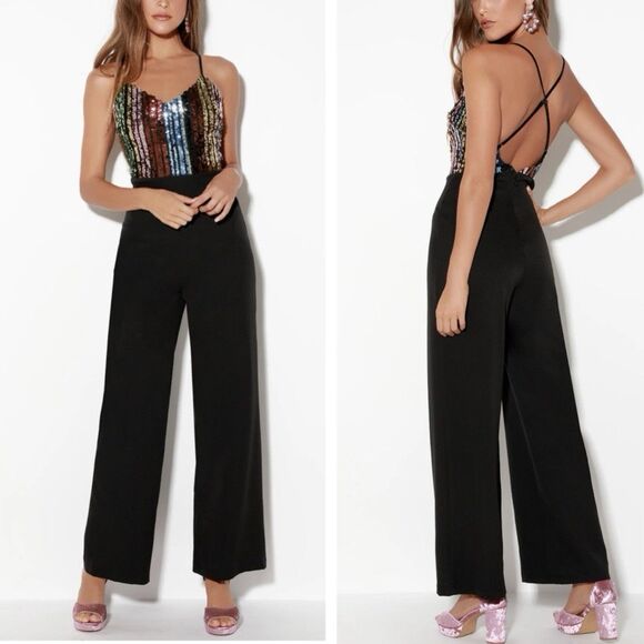 Lush Shine and Dandy Black Multi Rainbow Sequin Jumpsuit Sleeveless Medium - Picture 1 of 16